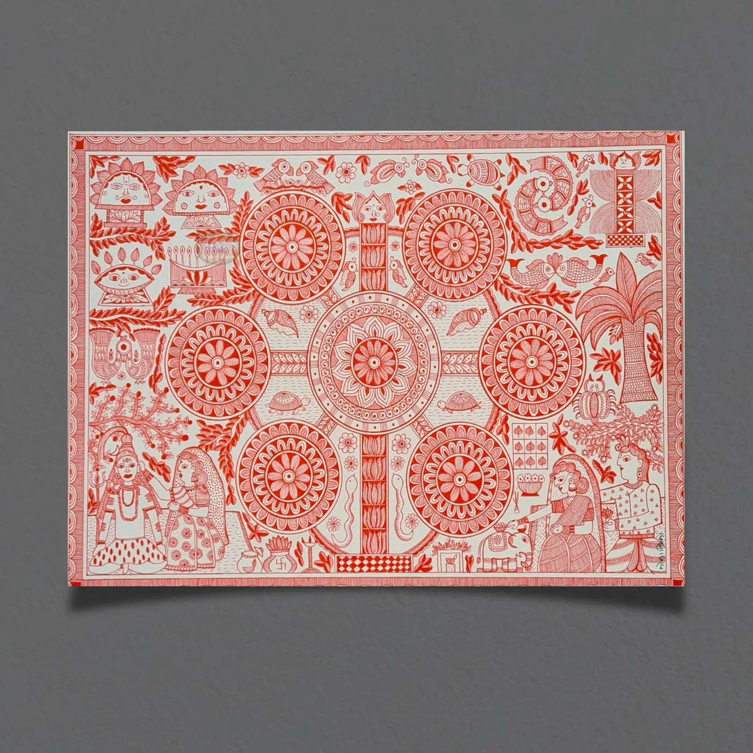 11 x 16 Inch | Harmony in Red | Original Hand Painted Madhubani Painting On Paper