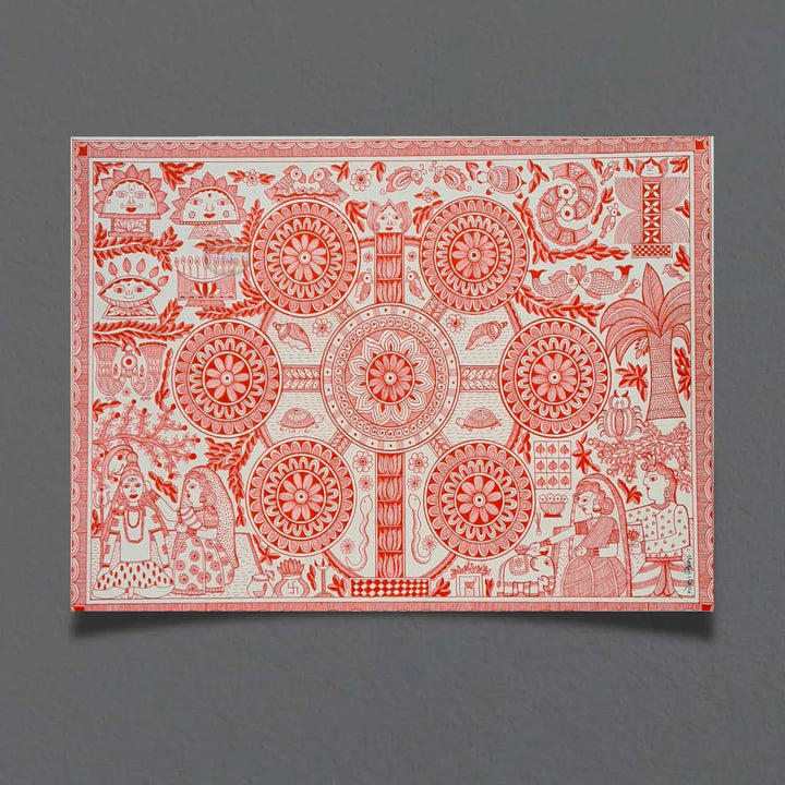 11 x 16 Inch | Harmony in Red | Original Hand Painted Madhubani Painting On Paper