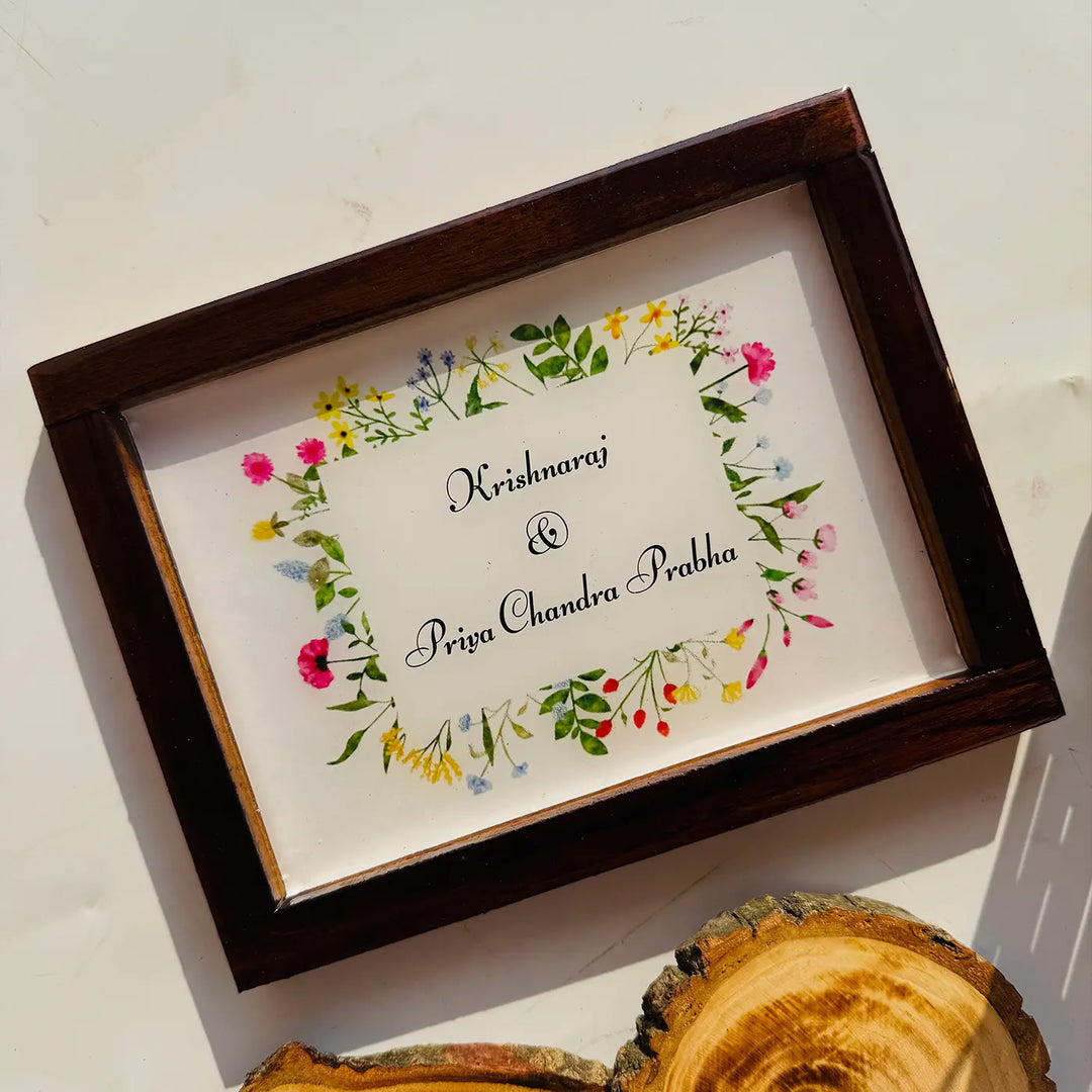 Personalized Floral Theme Minimalist Resin Name Plate With Teak Wood Frame