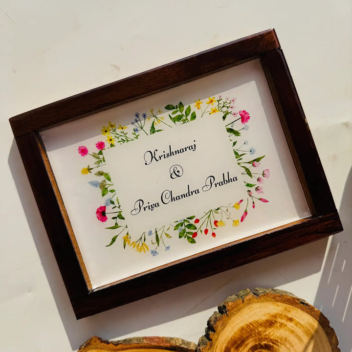 Personalized Floral Theme Minimalist Resin Name Plate With Teak Wood Frame