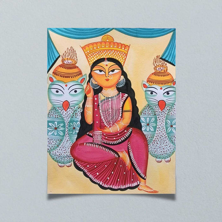 11 x 14 Inch | Lakshmi With Owls | Original Hand Painted Kalighat Painting | Natural Pigment On Paper