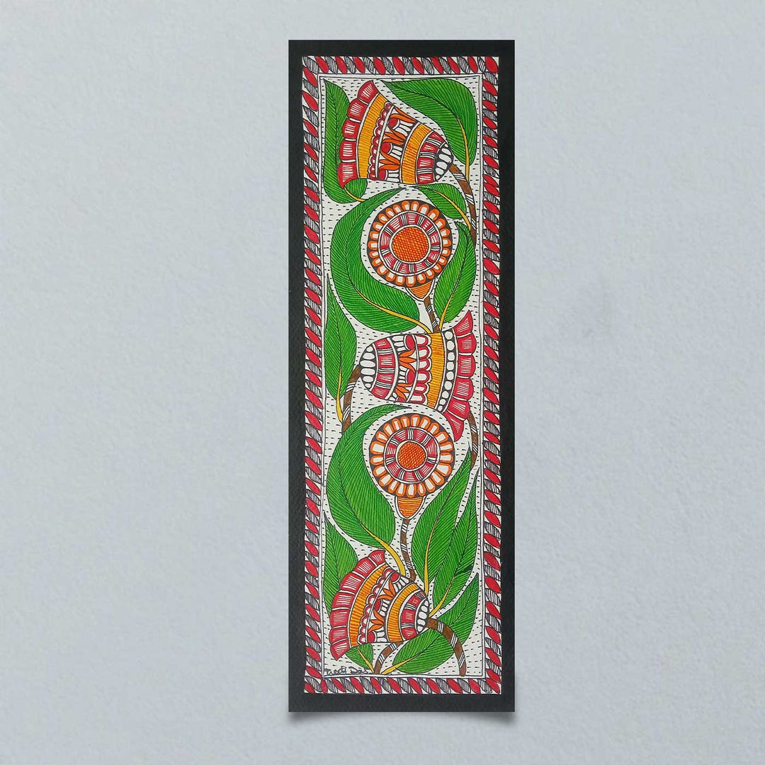 16 x 6 Inch | Flowers & Leaves | Original Hand Painted Madhubani Painting | Acrylic Paints On Paper