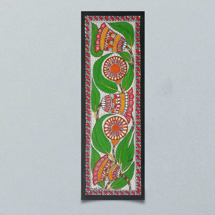 16 x 6 Inch | Flowers & Leaves | Original Hand Painted Madhubani Painting | Acrylic Paints On Paper