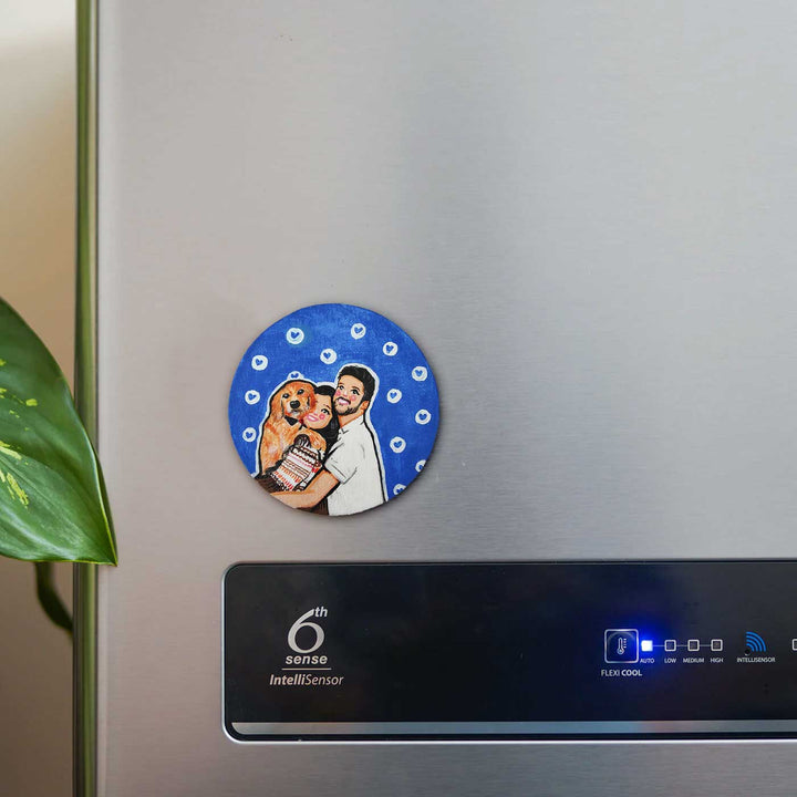 Personalized Photo Based Caricature Round Blue Fridge Magnet