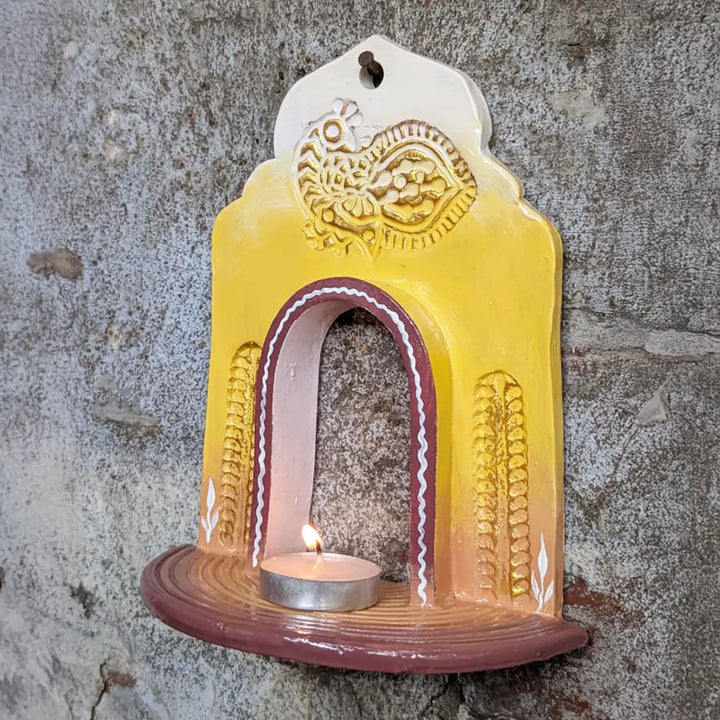 Hand-Painted Yellow & White Peacock Motif Terracotta Tealight Holder