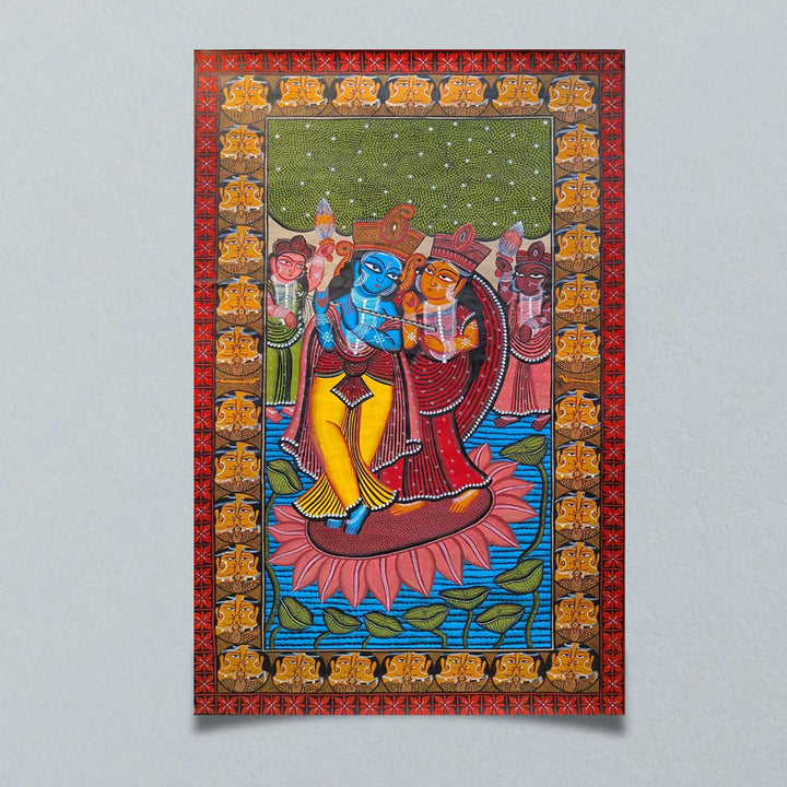 44 x 29 Inch | Radha Krishna | Original Hand Painted Kalighat Painting | Natural Colors On Paper