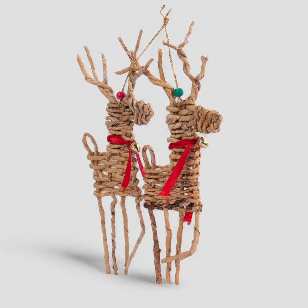 2 Pc | Handmade Banana Rope Reindeer Woven Hanging Ornaments