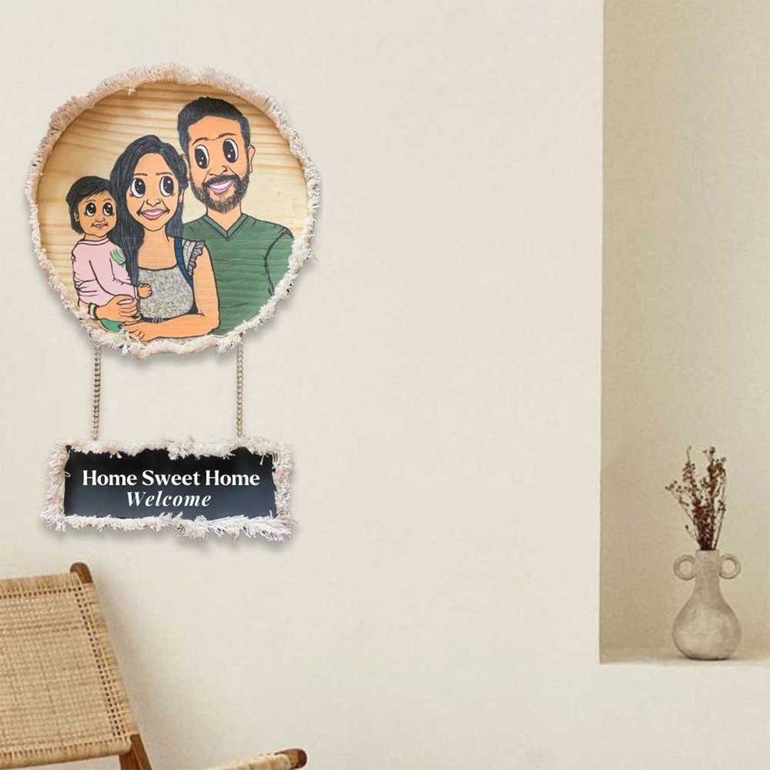 Photo Personalized Caricature Name Plate With Plank - Mounted on Entryway Wall