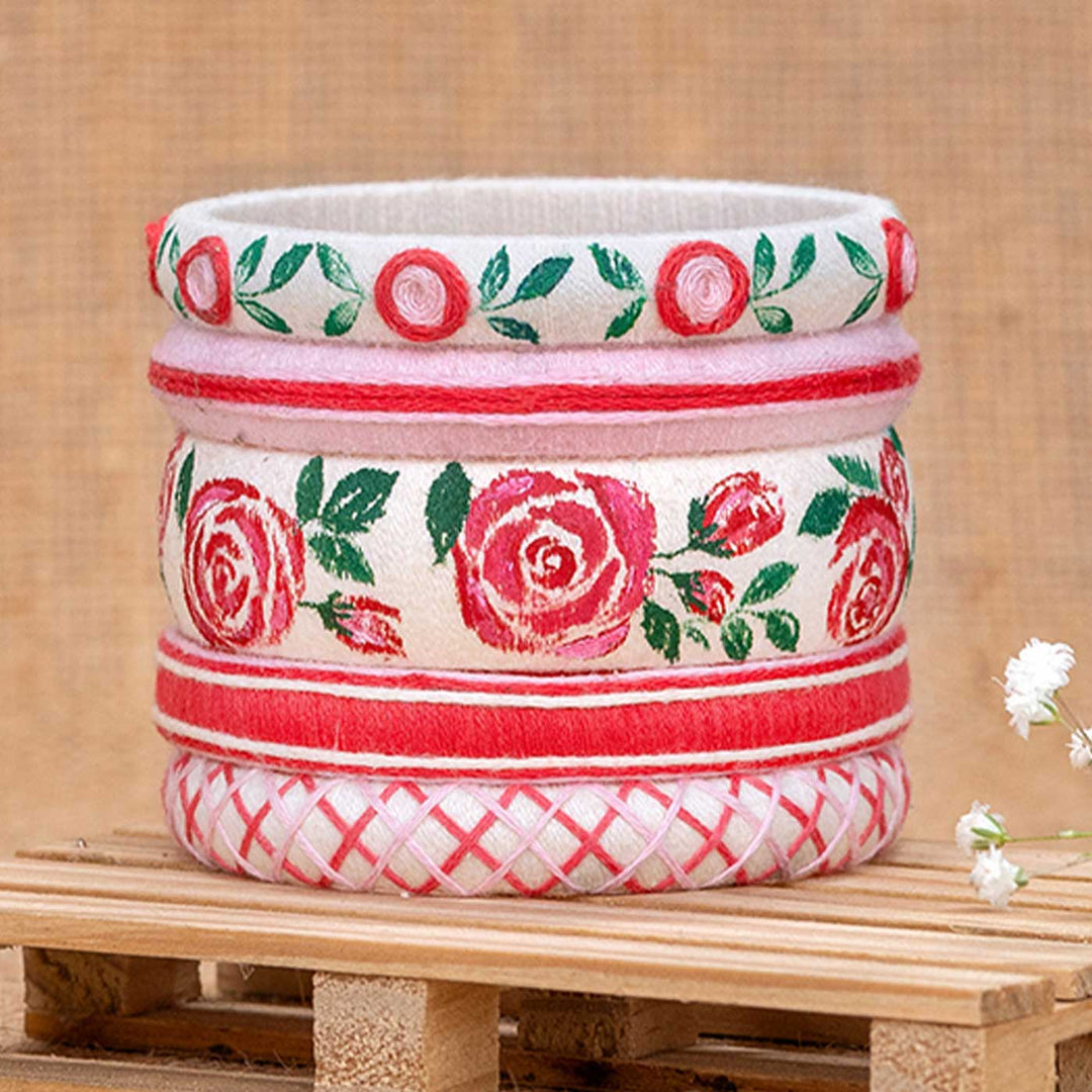 Red & White Handcrafted Rose Bangles | Set of 5