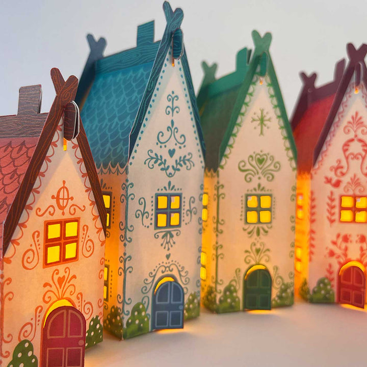 Handmade Mini Christmas Village Design Paper Tealight Holder With Electric Tealight | Set Of 6