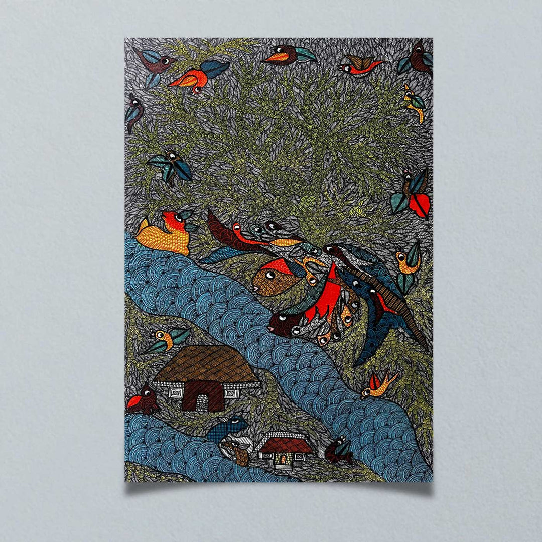 15 x 22 Inch | Flow and Flight | Original Hand Painted Tribal Gond Art Painting | Acrylic Paints On Paper