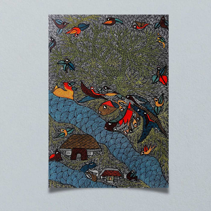 15 x 22 Inch | Flow and Flight | Original Hand Painted Tribal Gond Art Painting | Acrylic Paints On Paper
