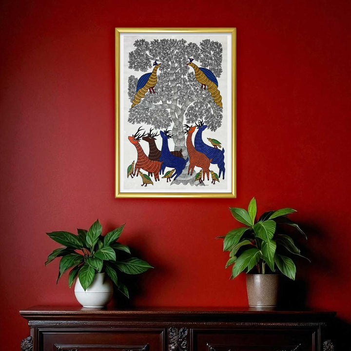 15 x 22 Inch | Peacock, Birds & Deers | Original Hand Painted Tribal Gond Art Painting | Acrylic Paints On Canvas
