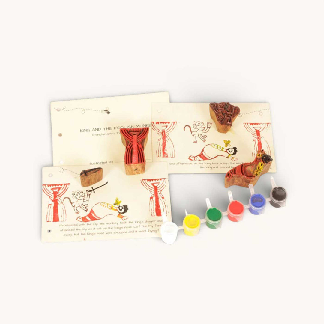 King And The Foolish Monkey Panchatantra Block Printing DIY Kit | 5 Stamps, Poster Colours, Painting Brush, Printing Pads, Story Cards  And Jute String