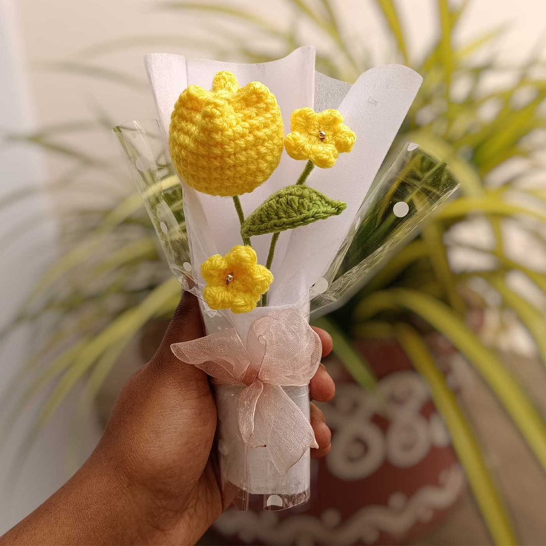 Handmade Crochet Yellow Tulip Mini Flower Bouquet | Includes Photo & Greeting Card