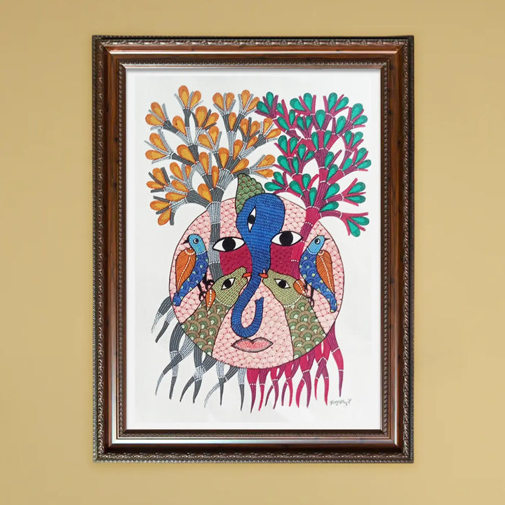 11 x 16 Inch | Trees, Birds & Human Face | Original Hand Painted Tribal Gond Art Painting | Acrylic Paint On Paper
