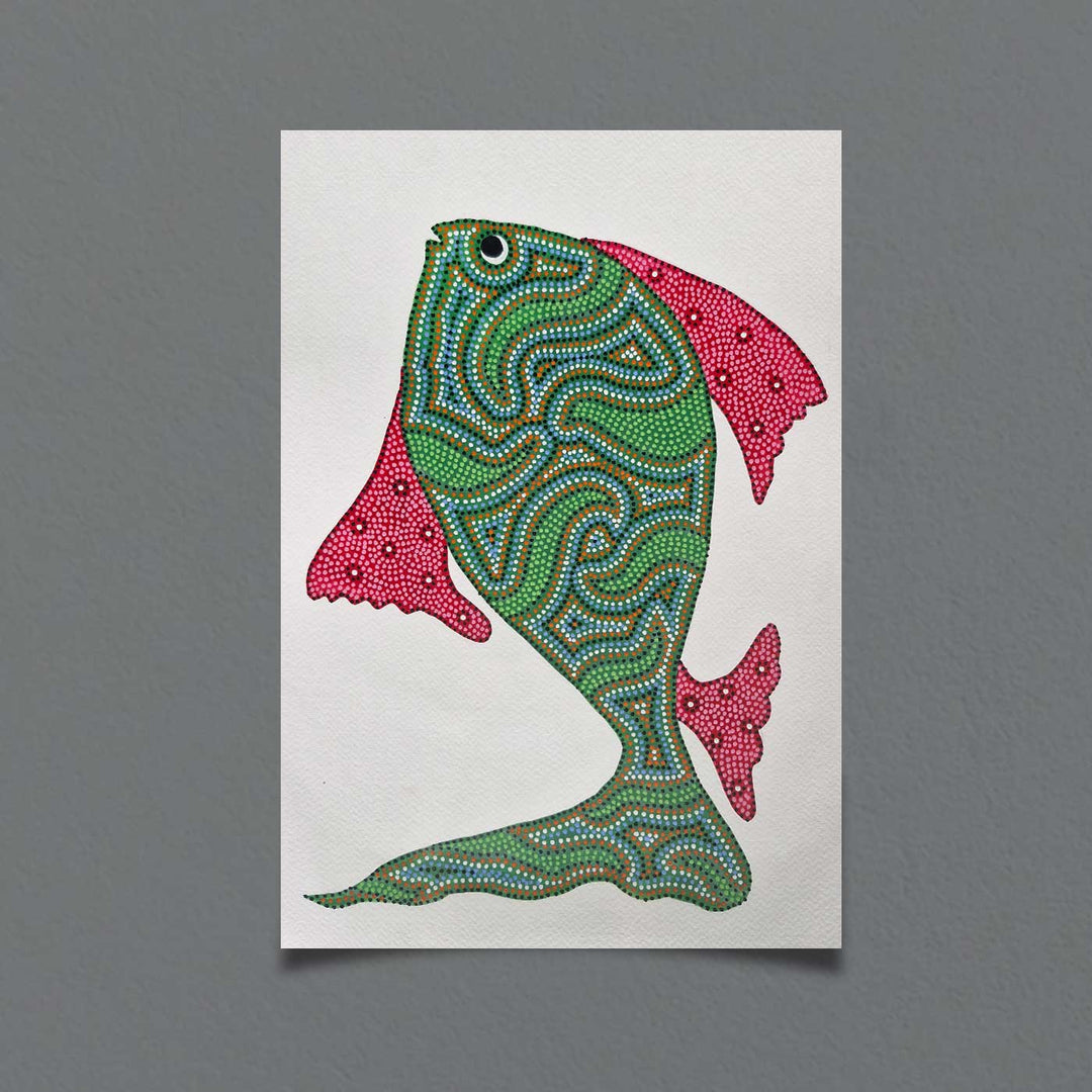 11 x 15 Inch | Green Fish | Original Hand Painted Bhill Painting | Acrylic Paints On Paper