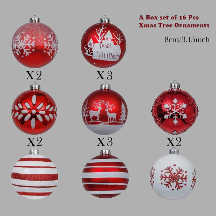 Christmas Ball Ornaments XMas Tree Hanging Decorations, Red & White christmas Balls, 16 pcs Box Set 