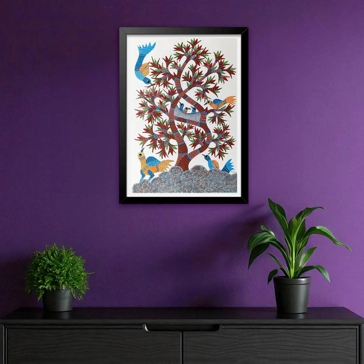 15 x 22 Inch | Tree of Life with Birds | Original Hand Painted Tribal Gond Art Painting | Acrylic Paints On Paper