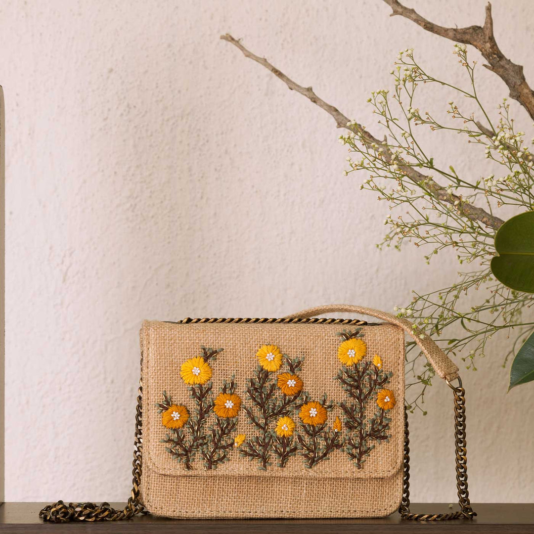 Personalized Embroidered Buttercups Beige Flap Bag