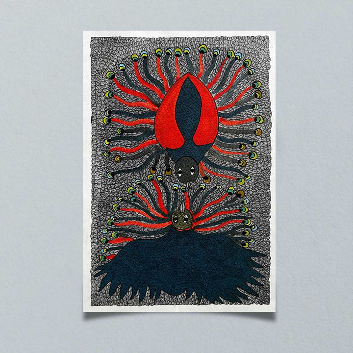 15 x 22 Inch | Two Peacock | Original Hand Painted Tribal Gond Art Painting | Acrylic Paints On Paper