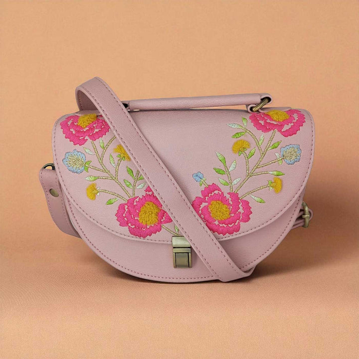 Handmade Embroidered Flower Design Peach Rexine Sling Bag