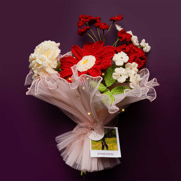 Handmade Crochet Bold Beauty Flower Bouquet With Lights | Includes Photo & Greeting Card