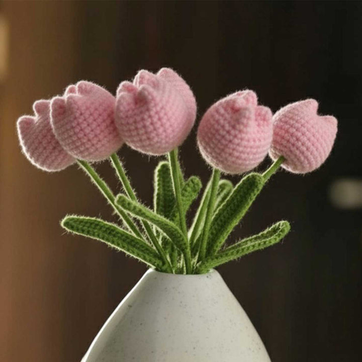 6 Pc | Handmade Crochet Tulip Flowers Design Acrylic Yarn Flower Bouquet