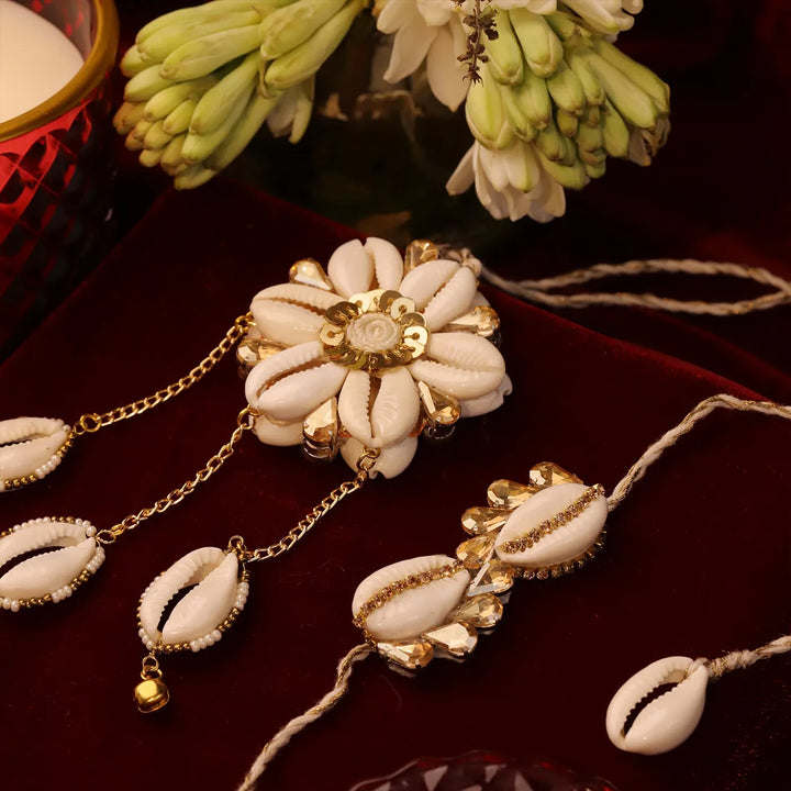Handmade Golden Shell Flower Bhaiya Bhabhi Rakhi With Roli Chawal | Set Of 2