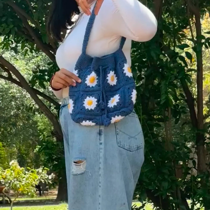 Handmade Crochet Blue Daisy Flower Design Cotton Tote Bag