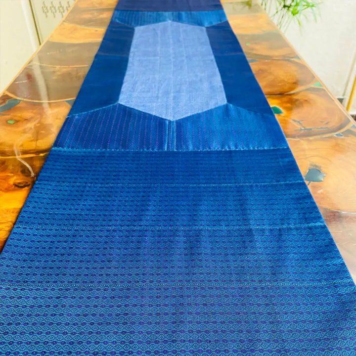 Handmade Blue Geometry Pattern Khunn Fabric Cotton Table Runner | 12 x 60 Inch