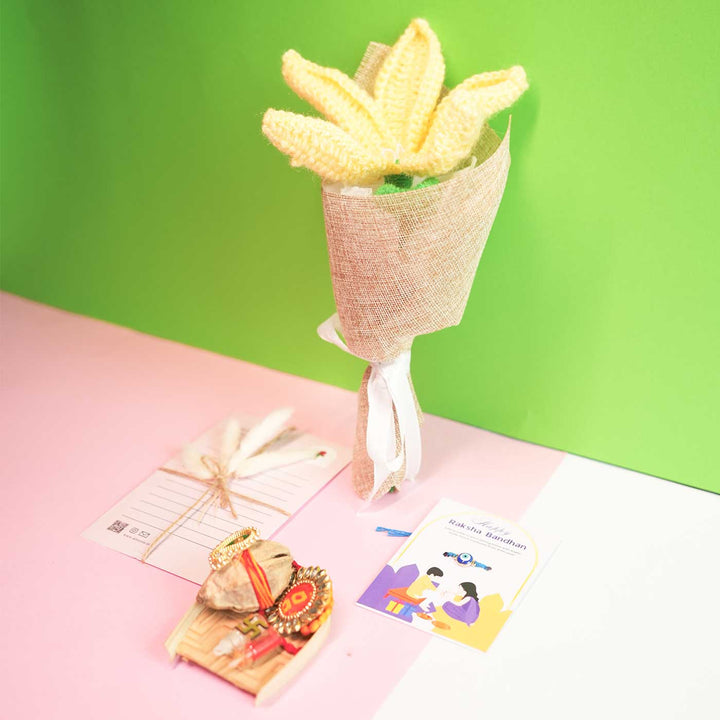 Personalized Handmade Crochet Yellow Lily Rakhi Hamper Includes 1 Crochet Flower 1 Message Card And 1 Rakhi And Roli Chawal - Full Product Set with Accessories (6)