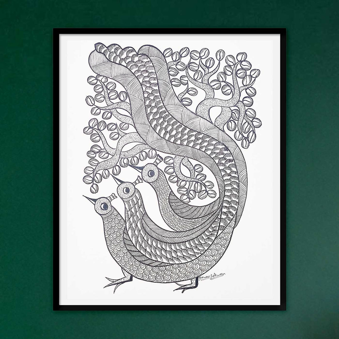 11 x 15 Inch | Trio Peacock | Original Hand Painted Tribal Gond Art Painting | Acrylic Paint On Paper