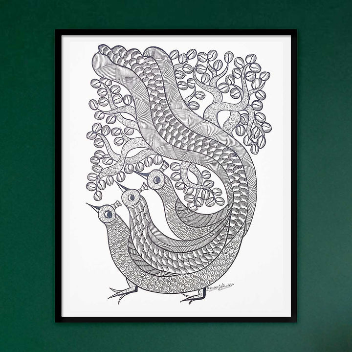 11 x 15 Inch | Trio Peacock | Original Hand Painted Tribal Gond Art Painting | Acrylic Paint On Paper
