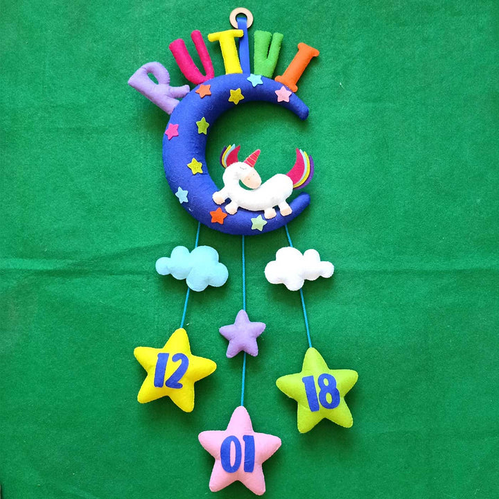 Personalized Handmade Unicorn Theme Moon Shaped Felt Kids Name Plate with Birthdate