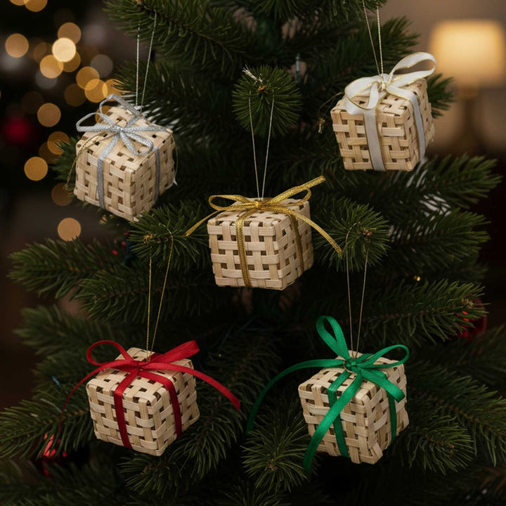 5 Pc | Handmade Bamboo Gift Box Hanging Christmas Ornaments | Assorted Colors