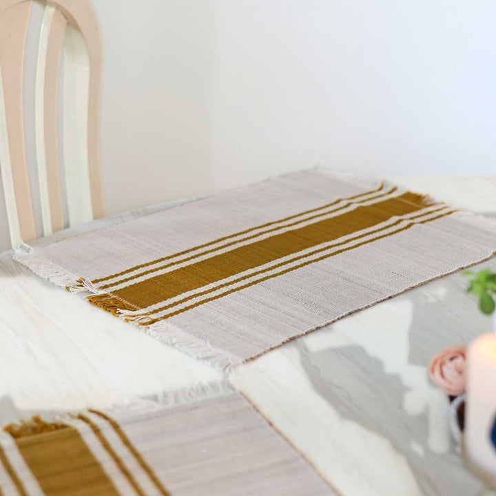 Hand Woven Vertical Striped Madhurkati Table Mat | 15 x 11 inch