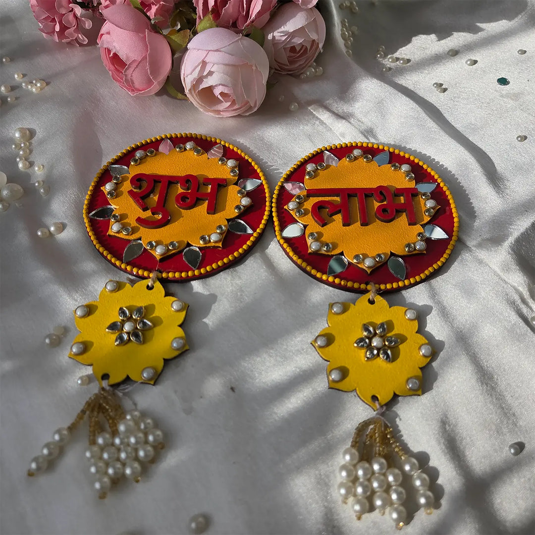 Hand-Painted Mirror Work & Moti Floral MDF Wood Shubh Labh Hangings | Set Of 2