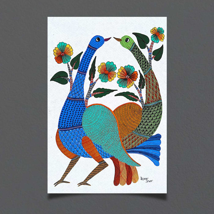 11 x 15 Inch | Love Birds with Flowers | Original Hand painted Tribal Gond Art Painting | Acrylic Paints On Paper