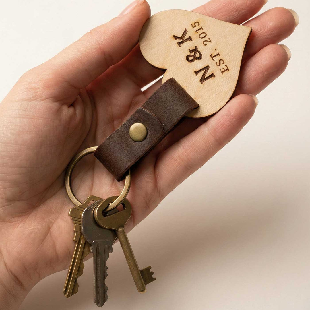 Heart Shaped Personalized Birchwood Keychain For Couple
