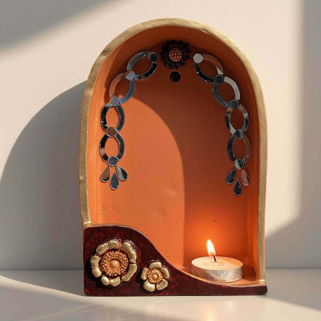 Hand-Painted "MittiBloom" Arch Floral Terracotta Wall Decor Tealight Holder With Mirror Work For Festive Decor