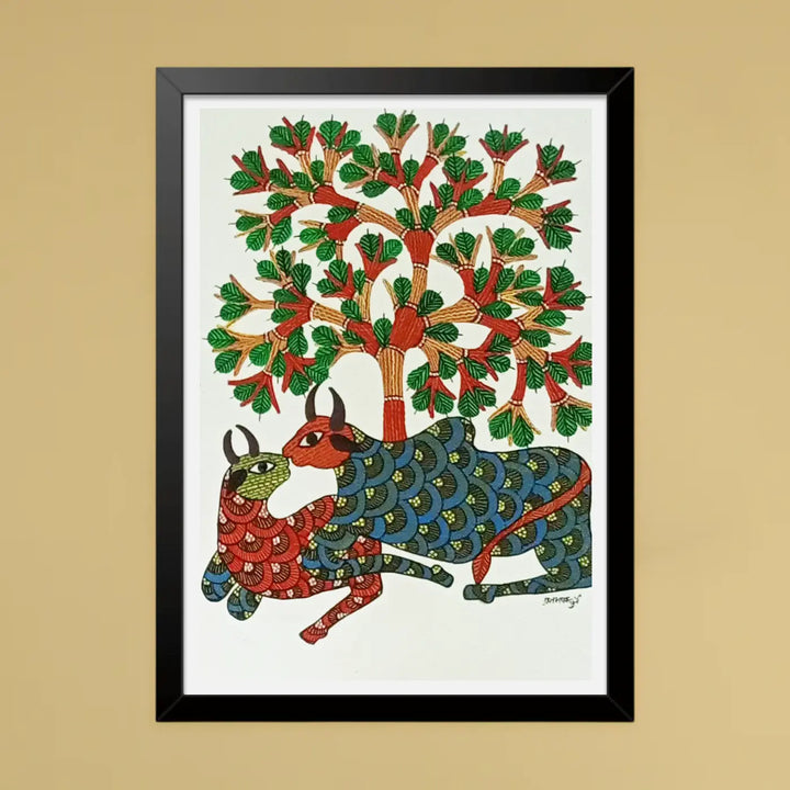11 x 16 Inch | Two Resting Bulls | Original Hand Painted Tribal Gond Art Painting | Acrylic Paint On Paper