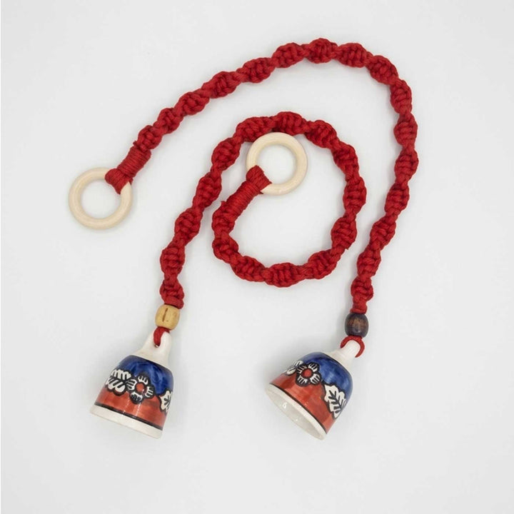 2 Pc | Macrame Handpainted Ceramic Bells Hanging With Wooden Rings & Beads
