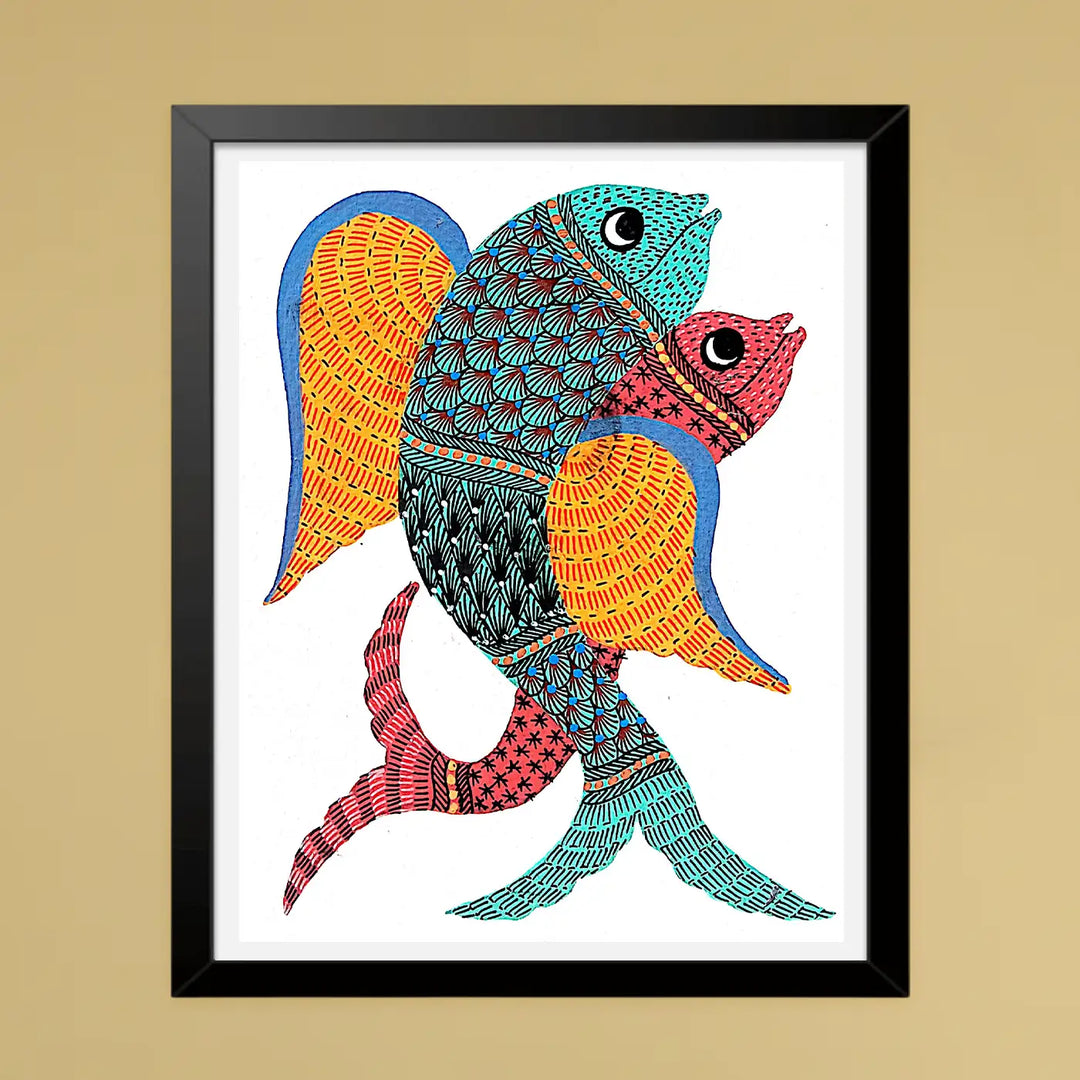 6 x 8 Inch | Dancing Fishes | Original Hand painted Tribal Gond Art Painting | Acrylic Paints On Paper
