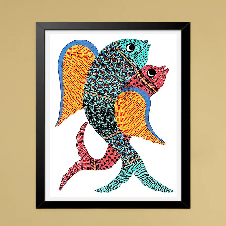 6 x 8 Inch | Dancing Fishes | Original Hand painted Tribal Gond Art Painting | Acrylic Paints On Paper