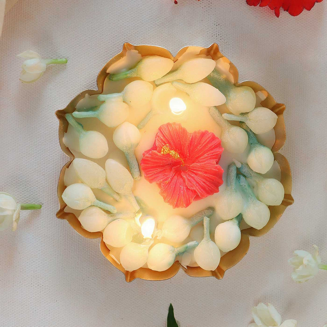 Mogra Handmade Floral Soy Wax Scented Metal Urli Candle For Pooja Room Decor