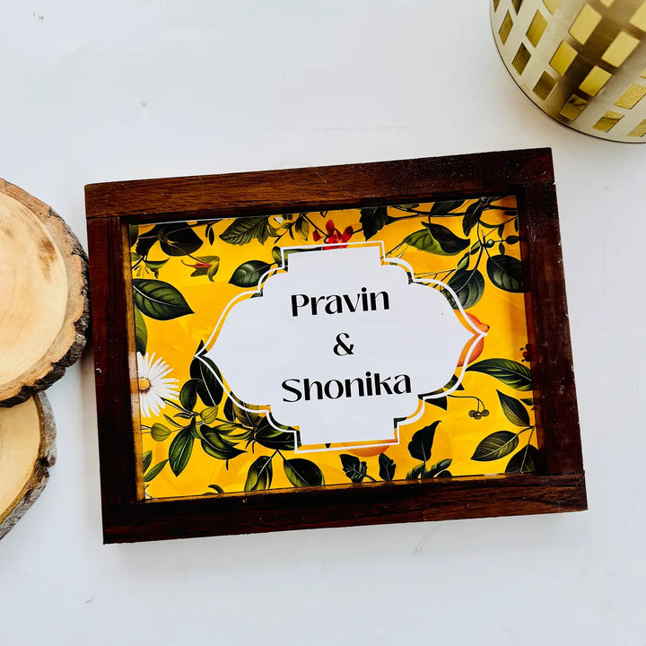 Personalized Yellow Garden Theme Resin Name Plate With Teak Wood Frame