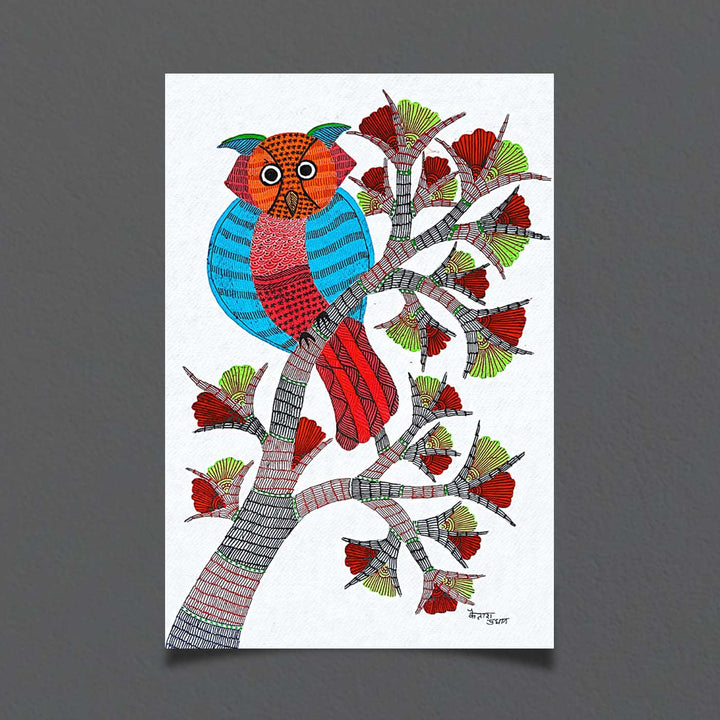 11 x 15 Inch | Owl on a Branch | Original Hand painted Tribal Gond Art Painting | Acrylic Paints On Paper
