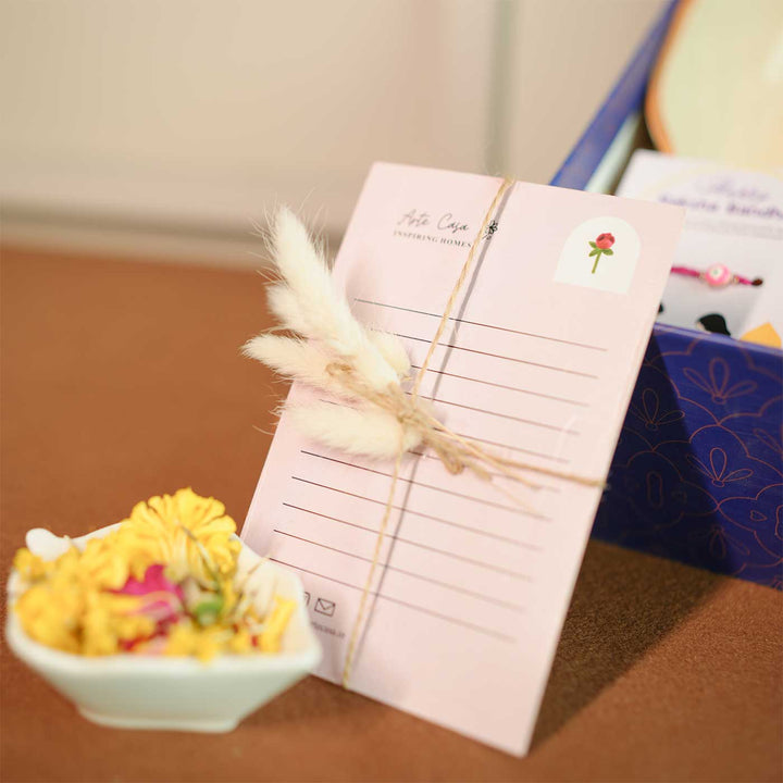 Personalized Handmade Food Lover Bhabhi Rakhi Hamper Includes 1 Gift Box 1 Mug 1 Bowl 1 Rakhis 1 Roli Chawal 1 Chocolate And 1 Message Card - Personalized Message Card Display