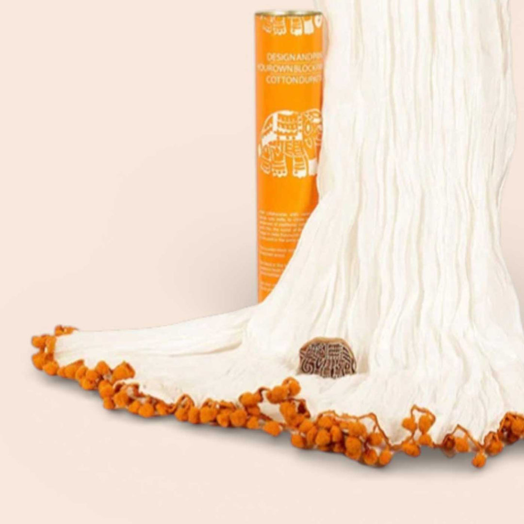 Orange Elephant Dupatta Block Print DIY Kit | Includes 1 White cotton dupatta, 1 Fabric paint, 1 Wooden block And 1 Sponge